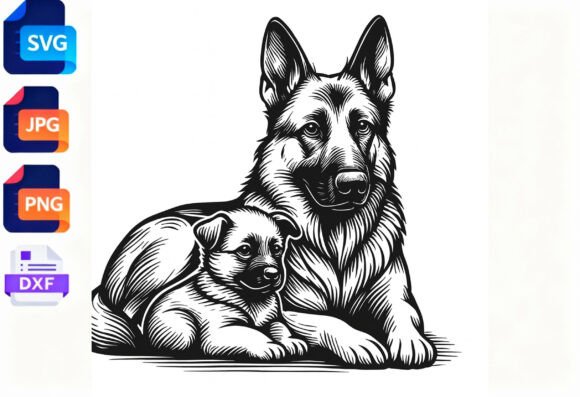German Shepherd Dog Mom and Puppy SVG: A Versatile Graphic Design Asset for Crafts and Local Business Branding